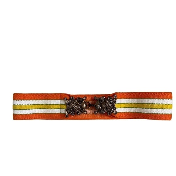 Vintage Statement Brass-tone Double Frog Hook Closure Stretch Waist Belt Small